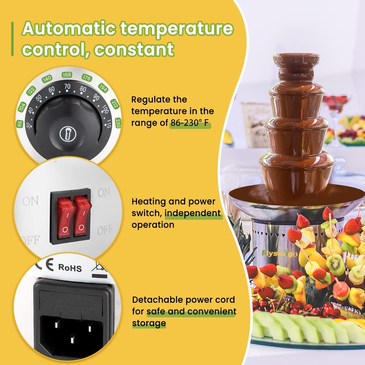 Flyseago Commercial Chocolate Fountain 4 Layers 11Lbs Large Chocolate Fondue Tower Stainless Steel Hot Chocolate Waterfall for Nacho Cheese Knob Control