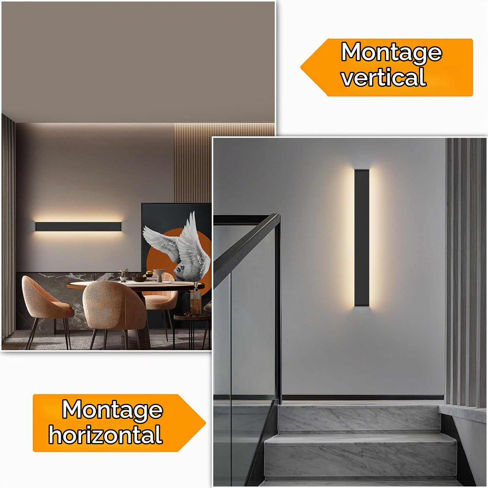 Klighten Applique Murale Interieur LED 83CM Lampe Murale Blanc Chaud 3000K 30W Luminaire Mural Moderne pour Chambre Salon Escalier Couloir, Noir