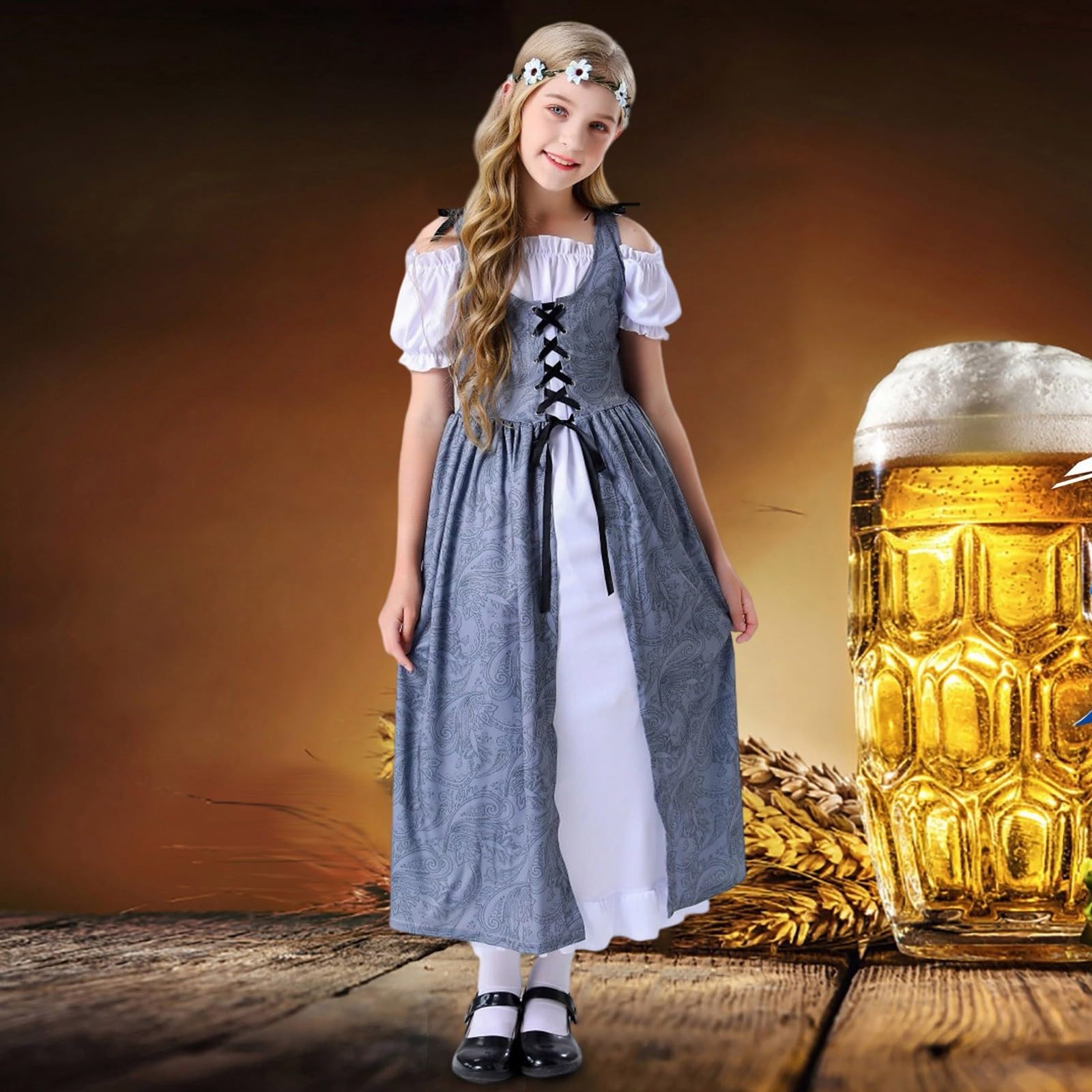 Generisch Dimndl 2026 średniowieczna sukienka dla dziewczynek, zestaw kostiumowy, elegancka sukienka z akcesoriami na imprezę Halloween, występ cosplay
