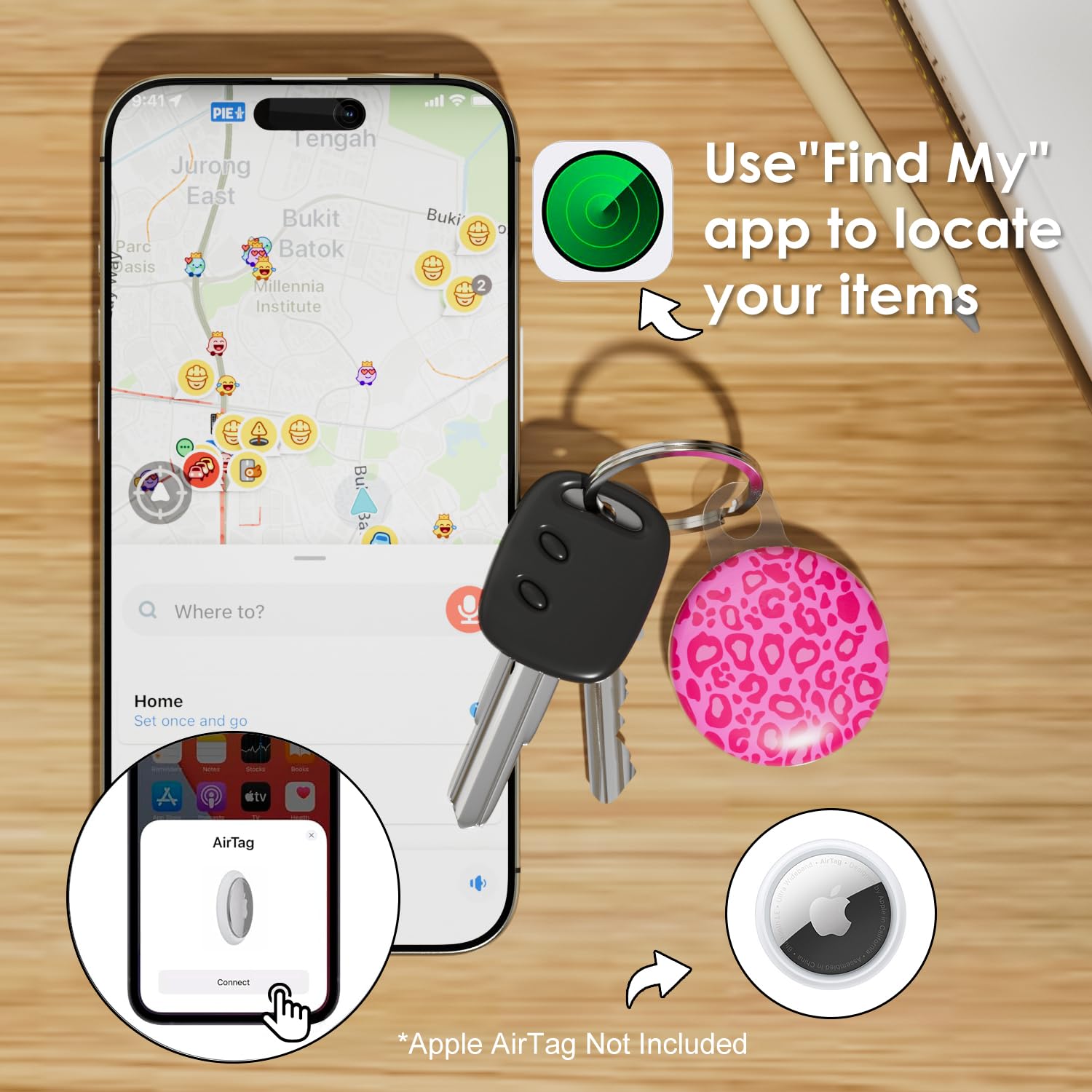 Svanove for Airtag Holder Case Cheetah Print, Leopard Pattern Airtag Keychain, Luxury Trendy Air tag Accessories, Cute Girly Aesthetic Design Itag Key Ring Cover for Women Girl Kids, Hot Pink — view 6