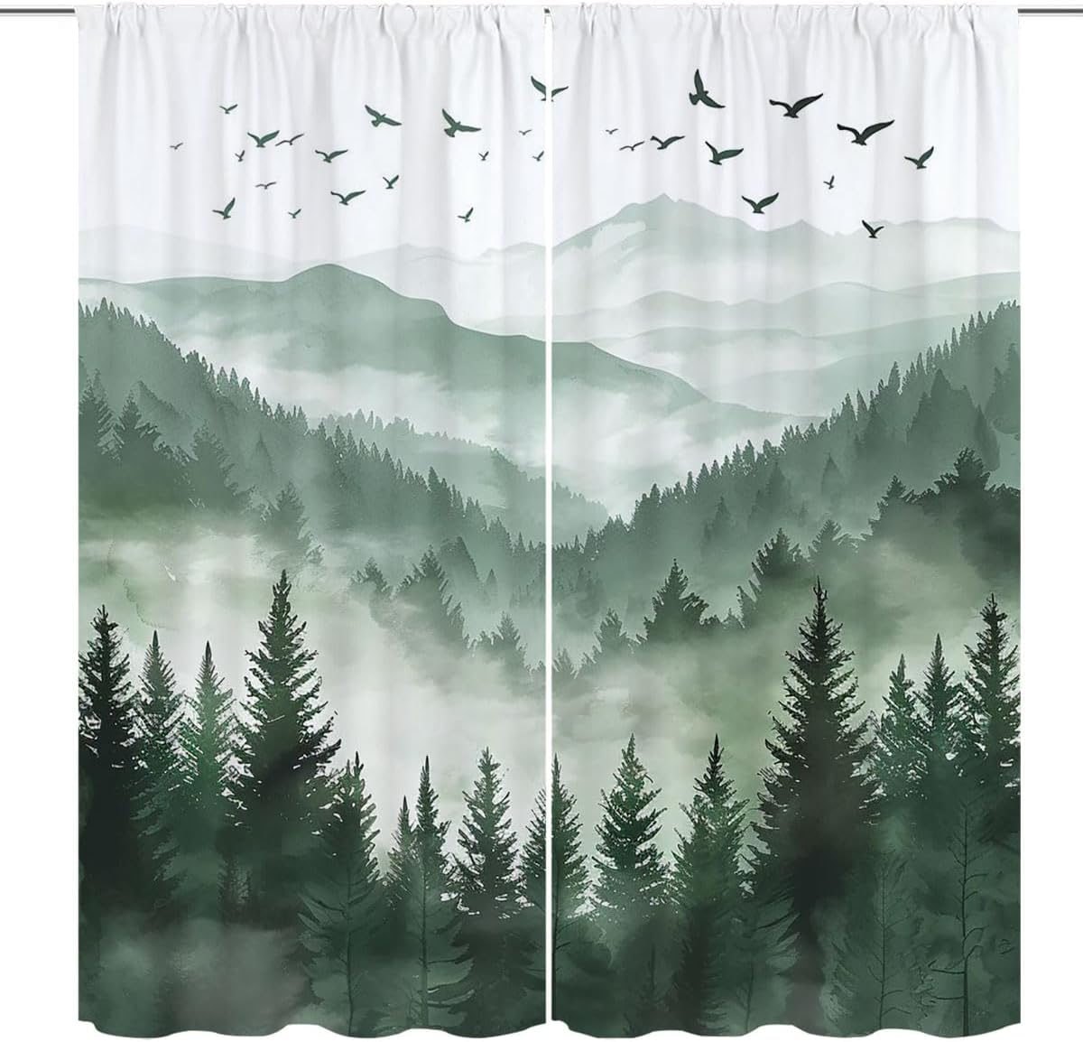 Green Forest Blackout Curtains for Kid Girls Boys Bedroom, Green Watercolor Forest Tree Silhouette Nature Landscape Rod Pocket Curtains for Bedroom Living Room W42xL63 Inch