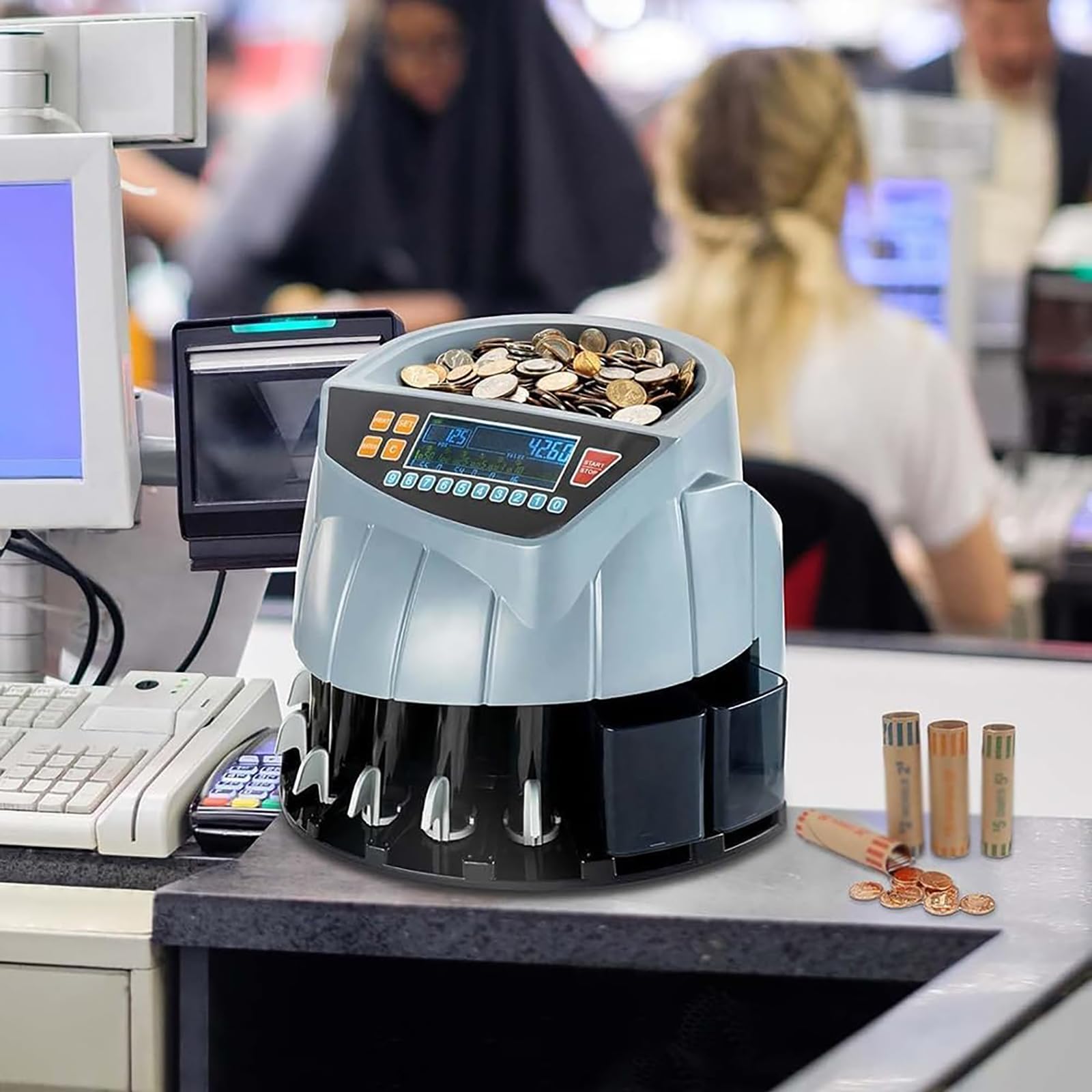 Elektryczny Sortownik Monet, Liczarka Monet Z Wyświetlaczem LED I 8 Pojemnikami Na Monety, 216 Jednostek/min, Obsługująca Liczenie I Sortowanie, Tryb Dodawania I Wsadowy, Do Supermarketu, Sklepu