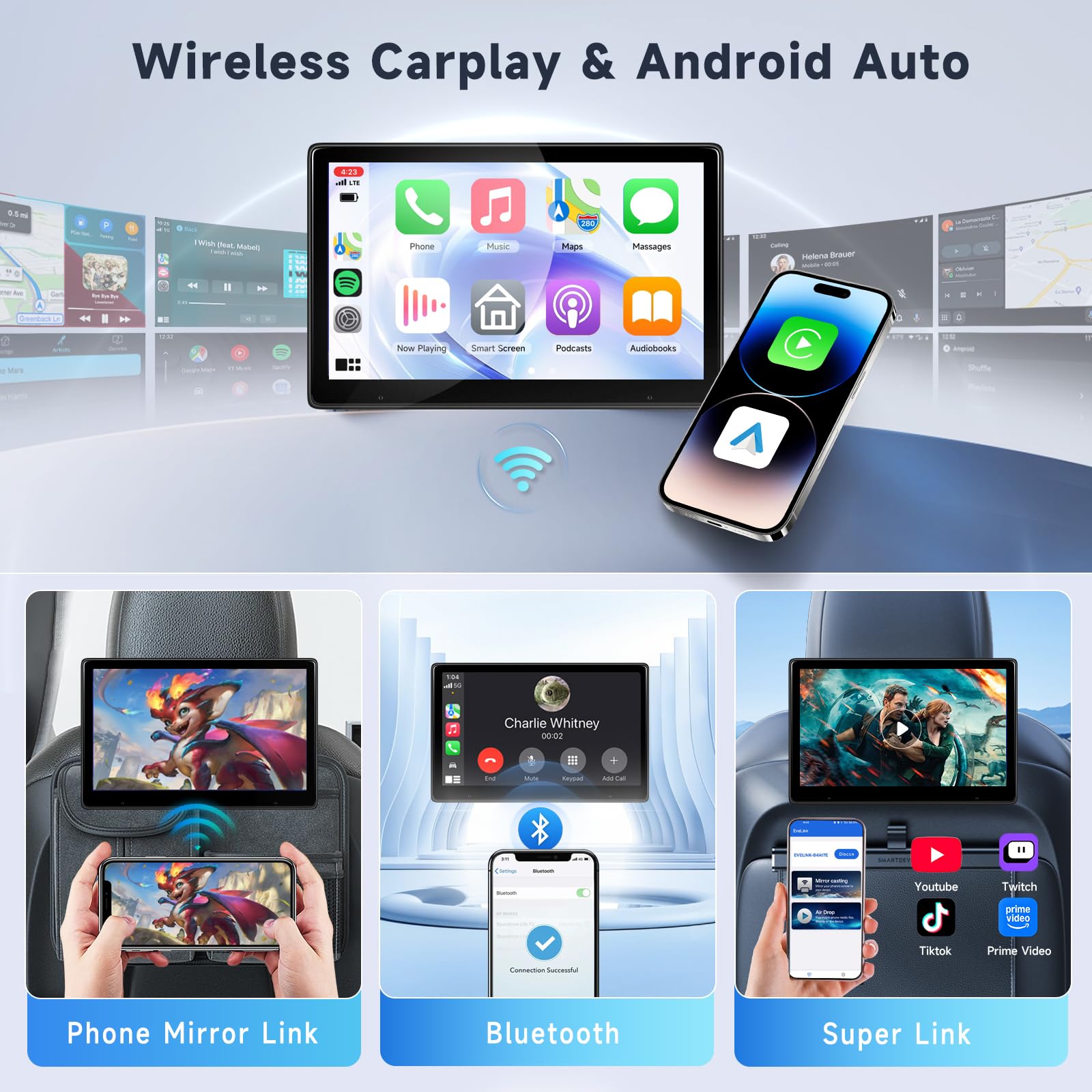 Moniteur Portable pour siège arrière avec Bluetooth, Lecteur vidéo à écran Tactile IPS 10,1 Pouces, Compatible Carplay et Android Auto, Mirror Link +64GB TF Card