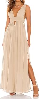 R.Vivimos Boho Dress for Women Sexy Deep V Neck Sleeveless Hollow Out Backless Casual