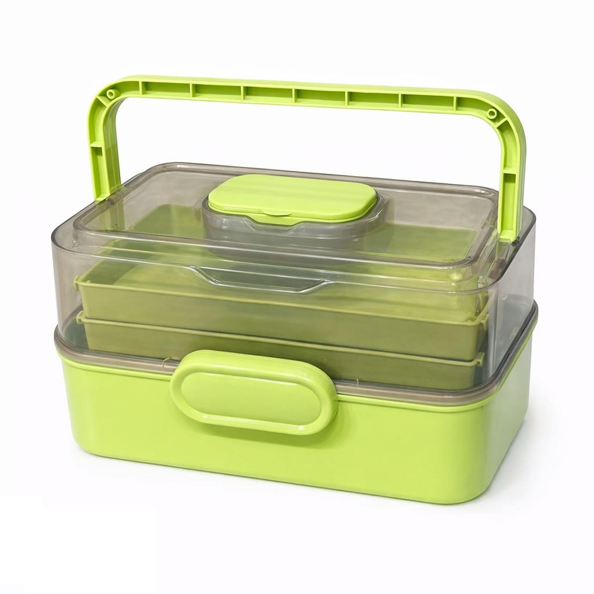 HI MOM 3 Layer Medicine Storage Box with Carry Handle Multi Compartment Medical Organizer Transparent Lid First Aid Box Large Capacity Medicine Chest for Home Travel Office - Green-image-0
