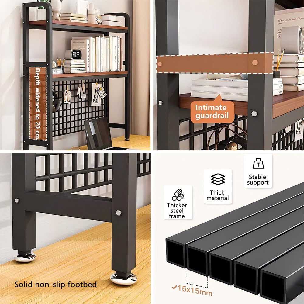 NUODWELL Libreria da scrivania per computer a 2 ripiani, in metallo, con pannello a griglia, 95 cm, multiuso, in legno, per esposizione del computer, per ufficio, casa, dormitorio, (nero)