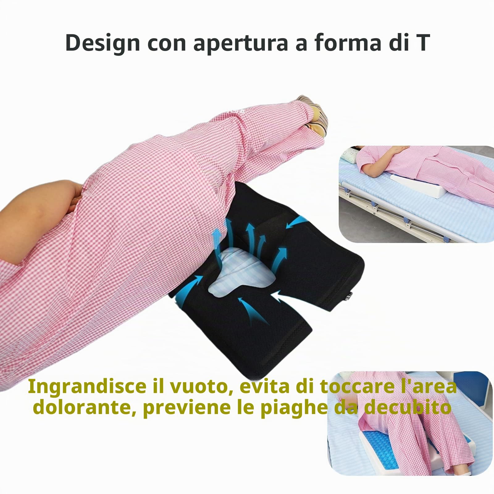 Cuscino per mal di letto, per alleviare la pressione delle piaghe da decubito, con apertura a forma di T, design triangolare, anti-decubito, per anziani, costretti a letto, disabili