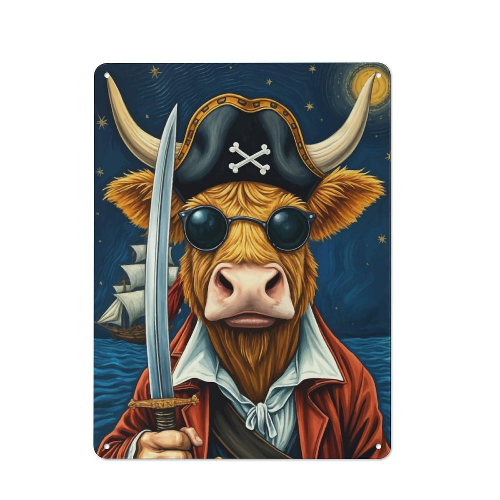 Junmoney Pirate Cow With Sword Retro Tin Sign 40X30cm For Man Cave Or Games Room, For Collectors Decorating Games Rooms And Man Caves