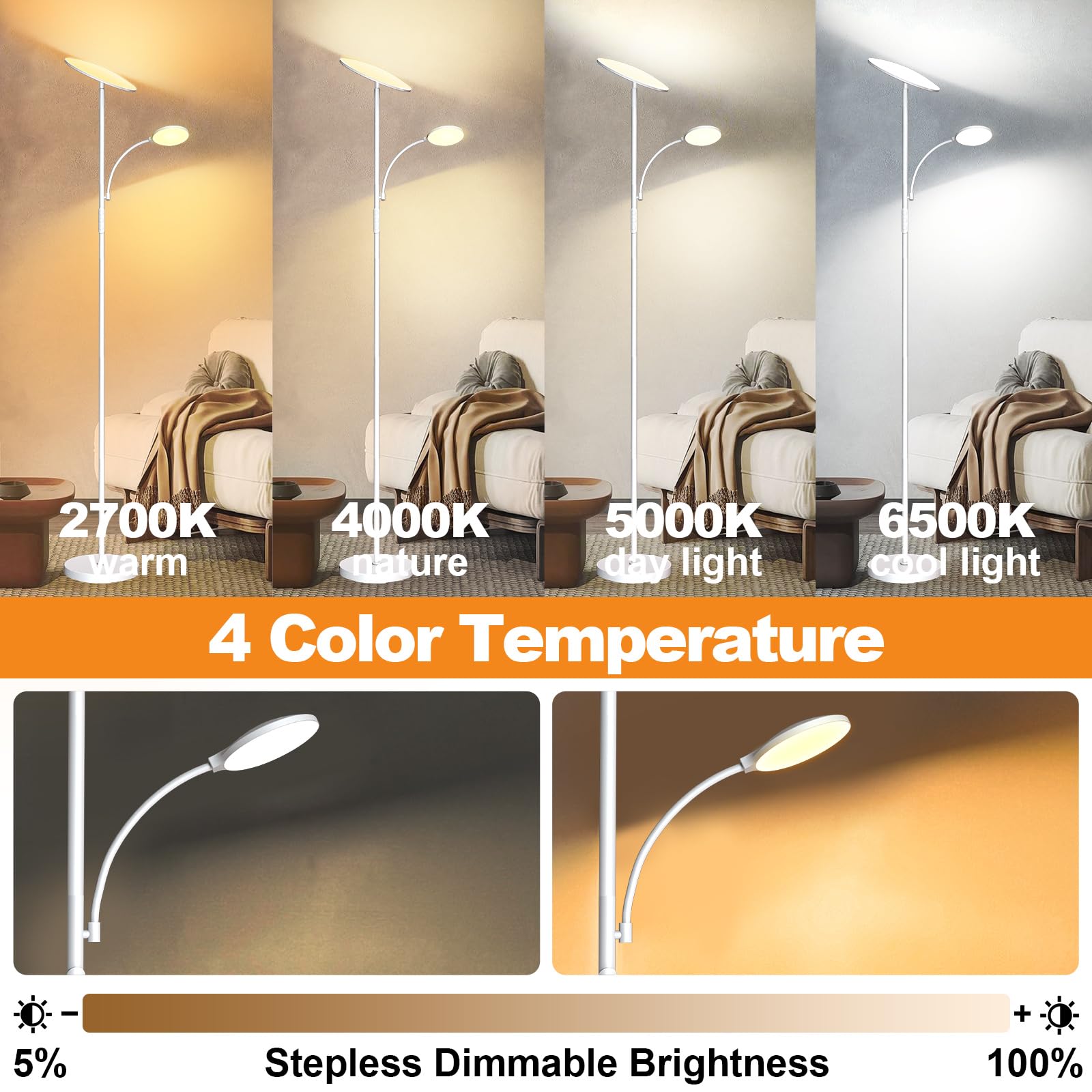 Weiß - Lampada da terra a LED, 44 W, 4500 lm, super luminosa, da soggiorno, dimmerabile, 2700 K-6500 K, da lettura, con telecomando e controllo tattile