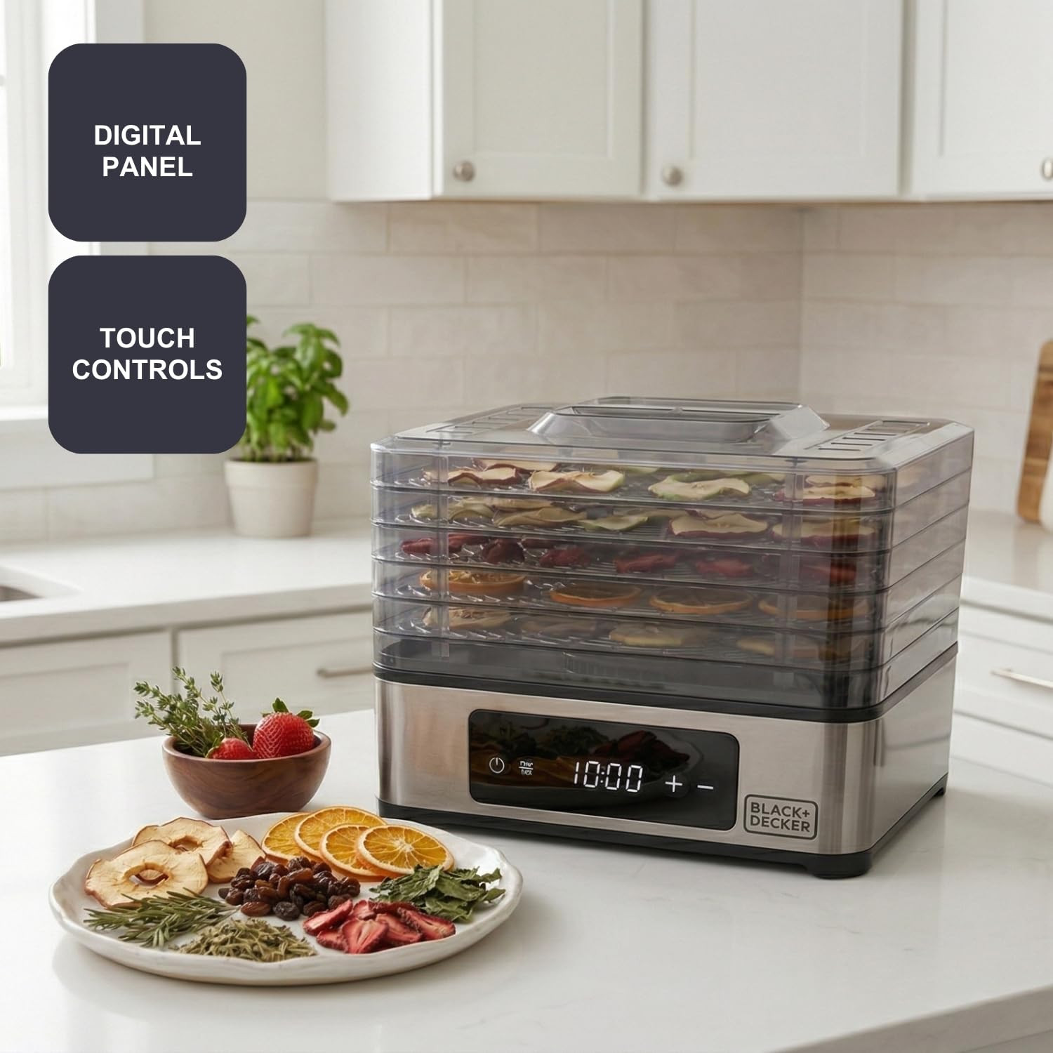 Black+Decker - essiccatore alimentare 400W | 5 vassoi trasparenti 29x21 cm | pannello digitale touch | temperatura regolabile 35-70°C | timer 48h | spegnimento automatico | senza BPA