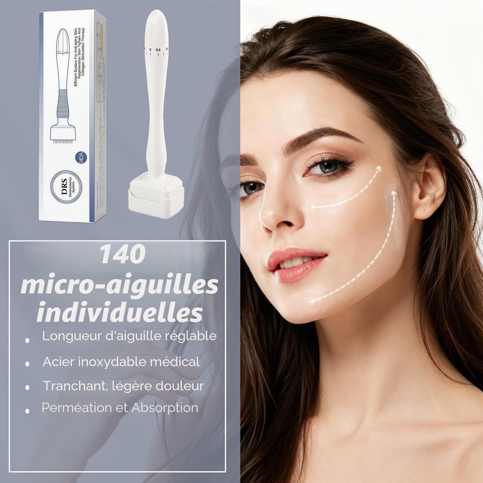 Tampon Microneedling, Stylo Réglable avec 140 Aiguilles en Titane pour la Stimulation et l’Amélioration de la Peau,Pour Cheveux, Barbe, Réduction des Rides et Cicatrices, Portable