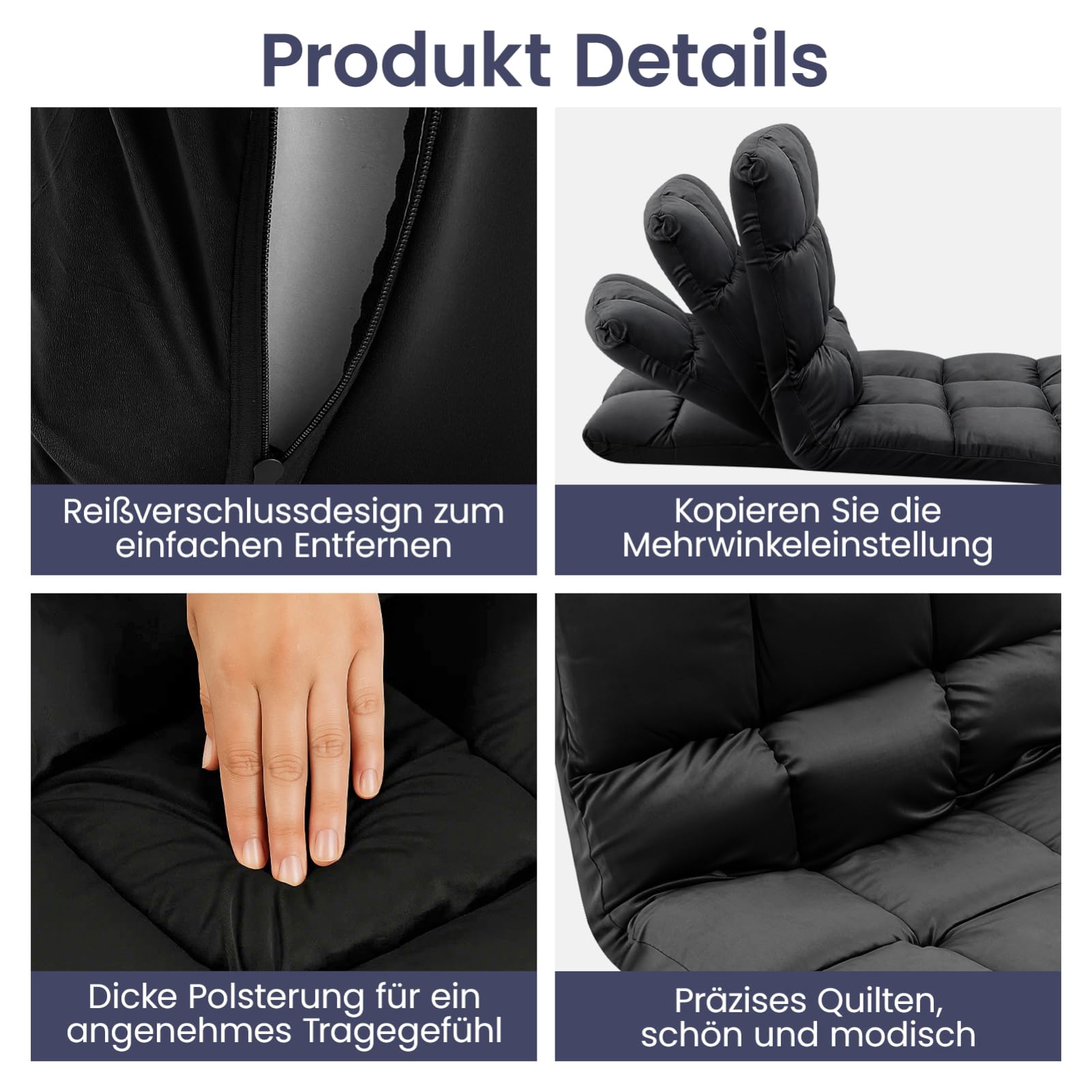 Trintion Bodenstuhl Faltbar mit Verstellbarer Rückenlehne, Relaxsessel & Meditationsstuhl klappbar, nutzbar als Sitzkissen, Bodenkissen Liegefläche für Wohnzimmer, Yoga, Meditation, Schwarz