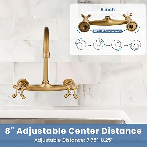 Vista 58 de Airuida Grifo de fregadero de cocina de latón antiguo, grifo central montado en la pared de 8 pulgadas, grifo de cocina comercial montado