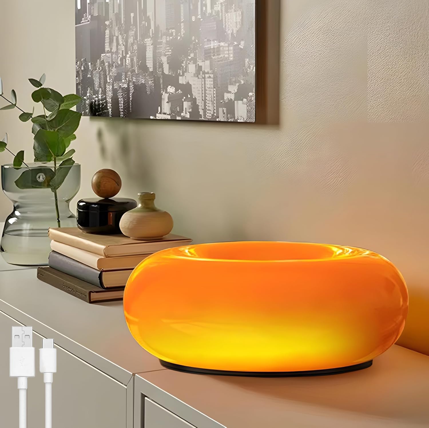 Donut Lamp, LED Donut Table Lamp, Orange Battery-Powered, USB Rechargeable, Touch-Controlled, Dimmable, 3 Color Temperatures, Bedside Lamp, Glass Lampshade, 2000mAh, for Living Room, Dining Room