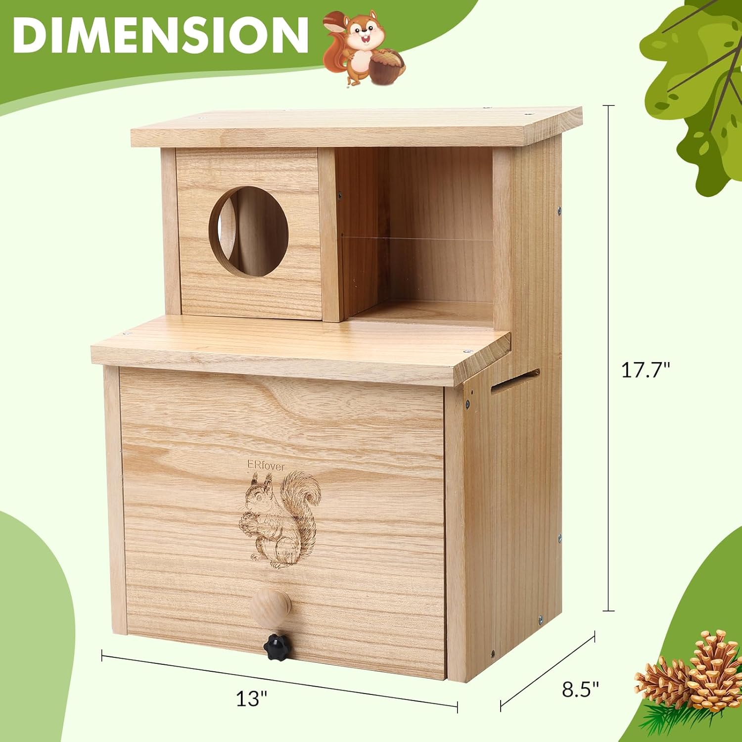Large Squirrel Family House with Feeder Pine Wooden Box for Shelter Nesting Breeding Living Residence with Varnish Finished