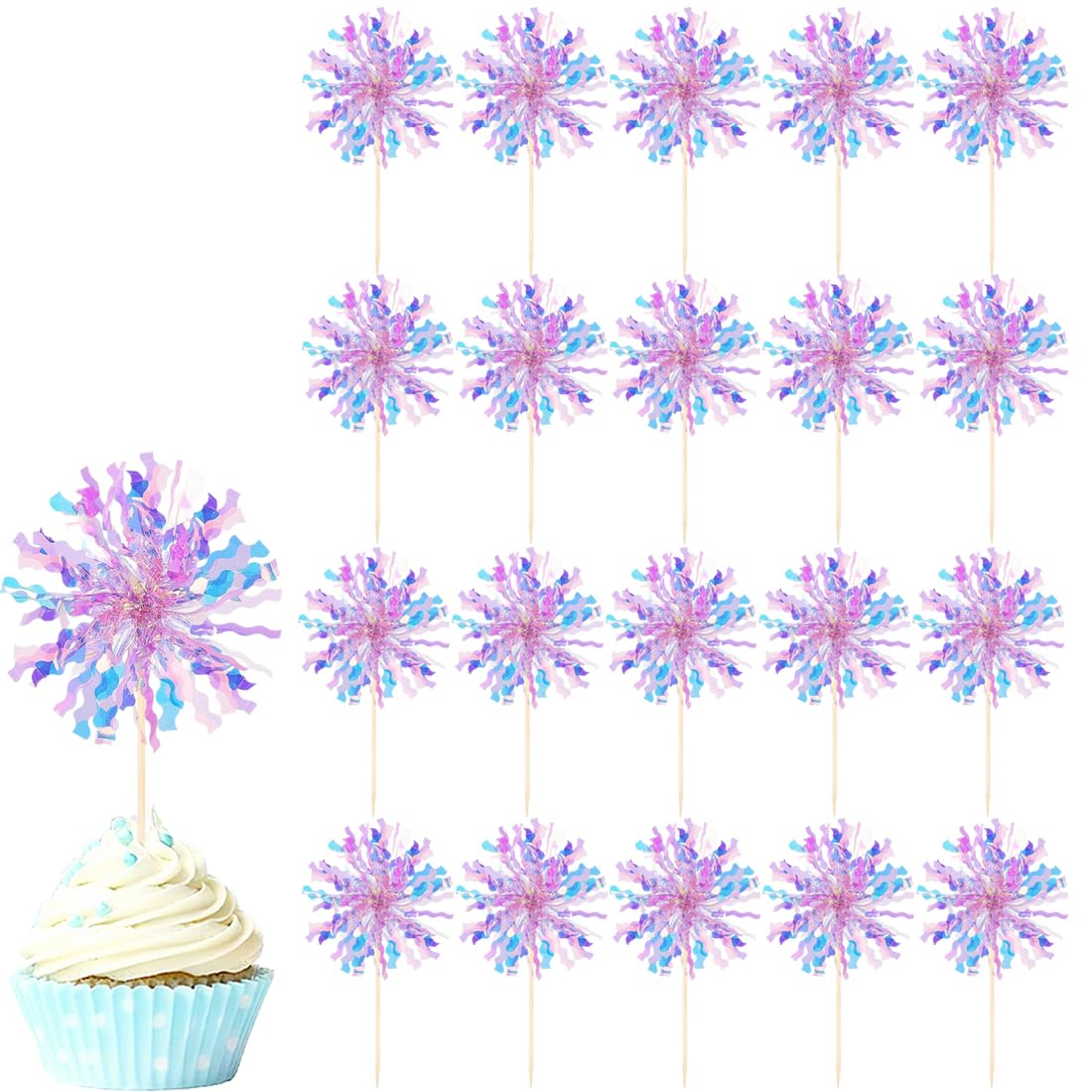 20 PCS Foil Firework Cupcake Toppers Sparkle Tinsel Cupcake Picks Happy Birthday Cake Toppers Drink Stirrers Cocktail Food Fruit Toothpicks for Shower Birthday Party Decorations Supplies Pink