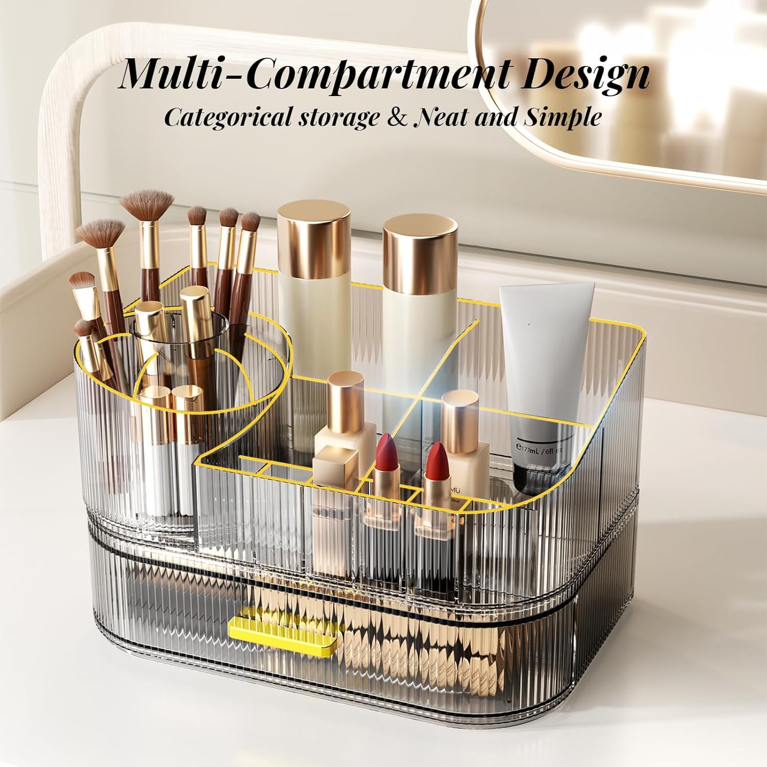 Organizer per trucchi per toeletta con cassetti impilabili, porta pennelli da trucco rotante a 360 gradi, grande espositore per cosmetici per comò, organizer per la cura della pelle da piano di