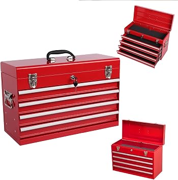 Portable Metal Tool Box, Multi-Function Tool Organizer with 4 Drawers, 21-inch Small Tool Chest with EVA Liners, Ball Bearing Slide Drawers Locking and Powder Coated Finish red