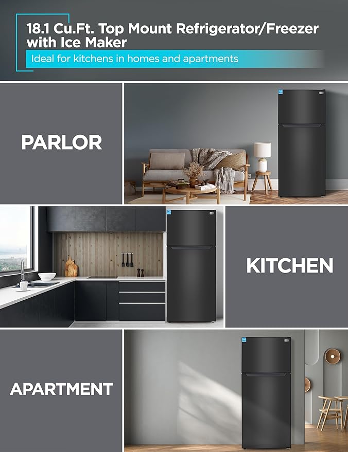 BLACK+DECKER 18.1 Cu. Ft. Top Mount Refrigerator with Ice Maker, 2-Door Refrigerator with Top Freezer, Freezer with Icemaker and Adjustable Temperature Control, ENERGY STAR, BR1810HIMB, Black on Fridge.com