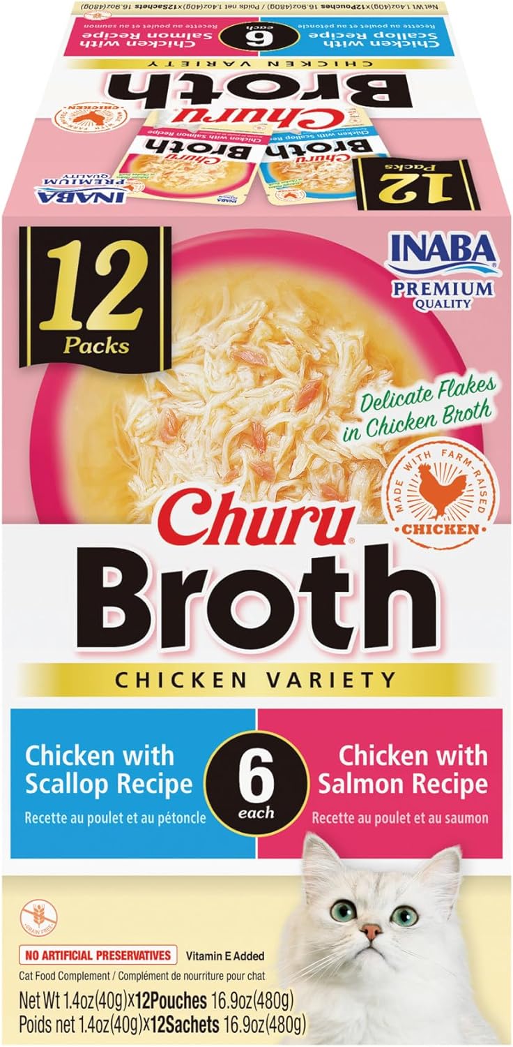 INABA Churu Broth for Cats, Side Dish Pouch, 1.4 Ounces per Pouch, 24 Pouches, Chicken Variety