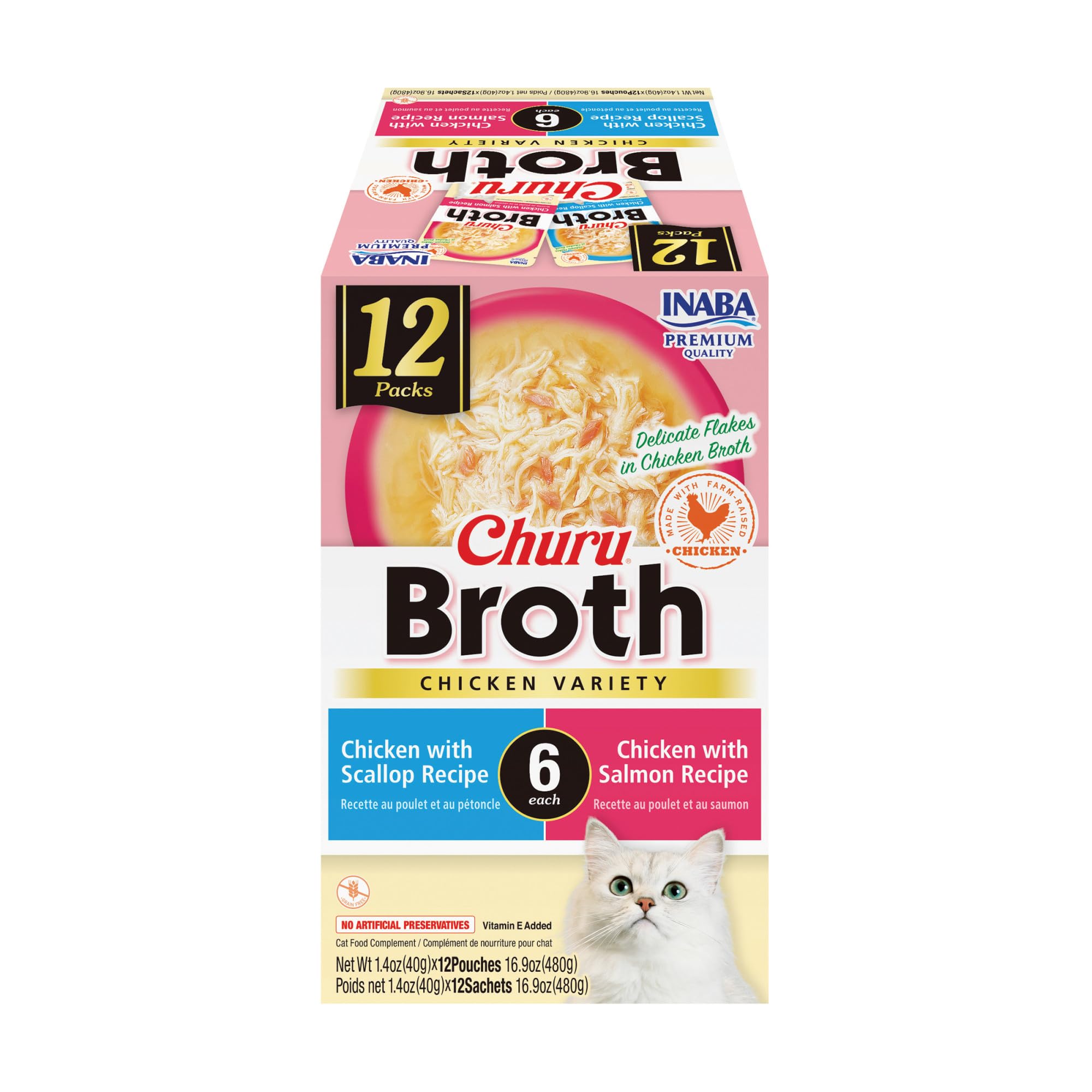 INABA Churu Broth for Cats, Side Dish Pouch, 1.4 Ounces per Pouch, 12 Pouches, Chicken Variety