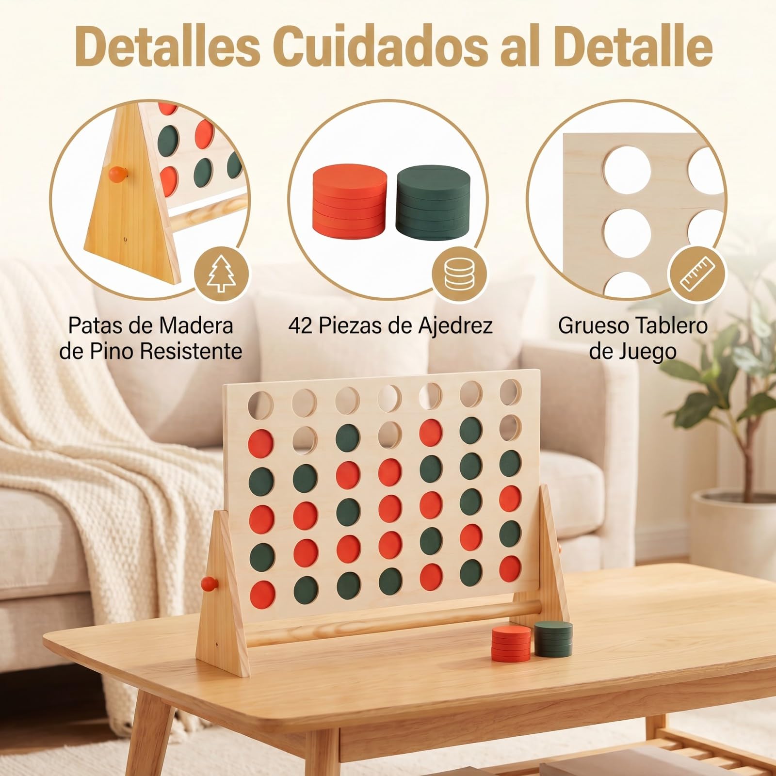 GOPLUS Juego de 4 en Raya para Niños, Cuatro en Raya con 42 Piezas de Ajedrez y Marco de Madera de Pino para Familia, Juego de Conecta 4 para Interiores y Exteriores para 7+ Años