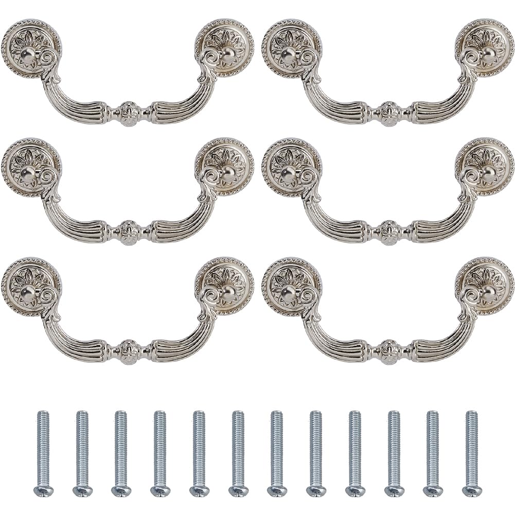 SUPERFINDINGS 6Pcs Drawer Pulls Handles 3.7 Inch Hole Center Antique Drop Drawer Pull Vintage Platinum Cabinet Dresser Handles for Dresser Cupboard Wardrobe Kitchen Door