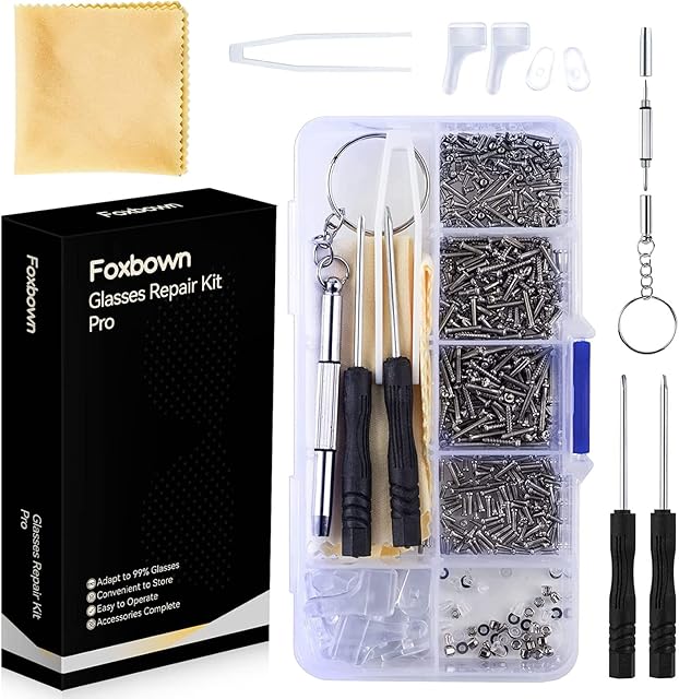 Foxbown Glasses Repair Tool Kit, 500 Pcs Spectacles Repair Screws Set with Mini Screwdriver, Screws Nuts, Silicone Nose Pads, Tweezer, Glasses Cloth