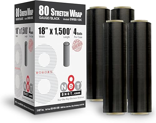 8NET - Envoltura elástica de color calibre 80 de 18 pulgadas x 1500 pies (caja de 4 rollos, negro)