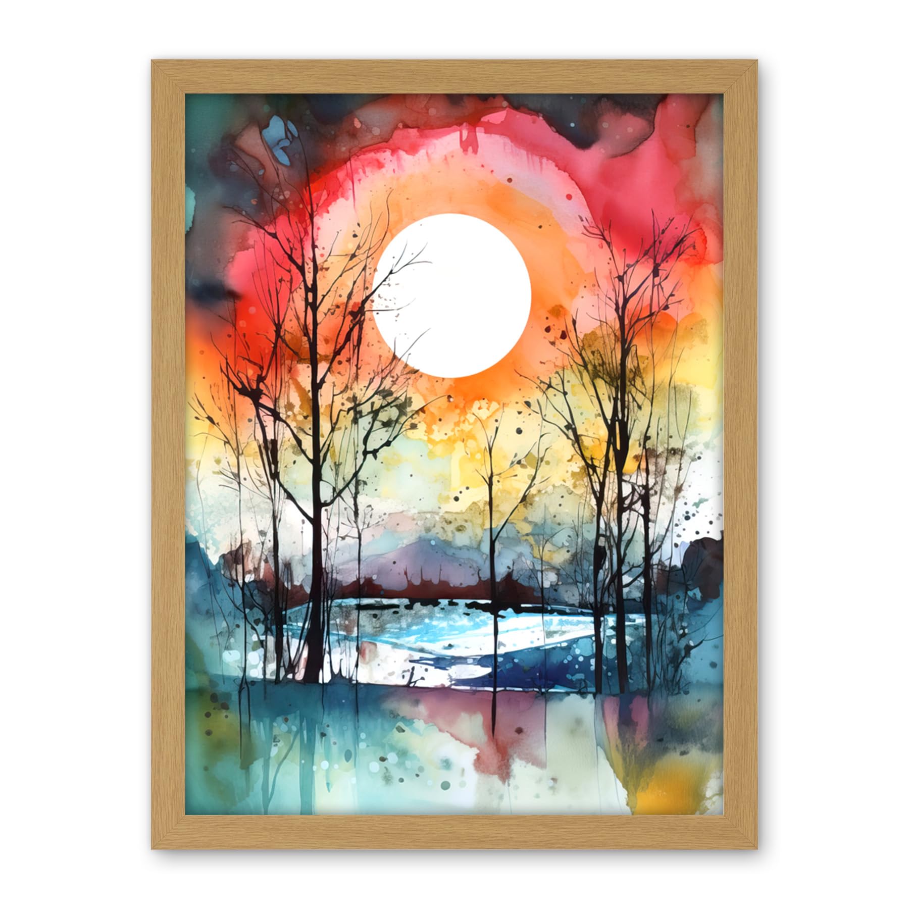 Artery8 Abstract Sunset Landscape Watercolour Painting Countryside Lake Autumn Trees Artwork Framed Wall Art Print 18X24 Inch