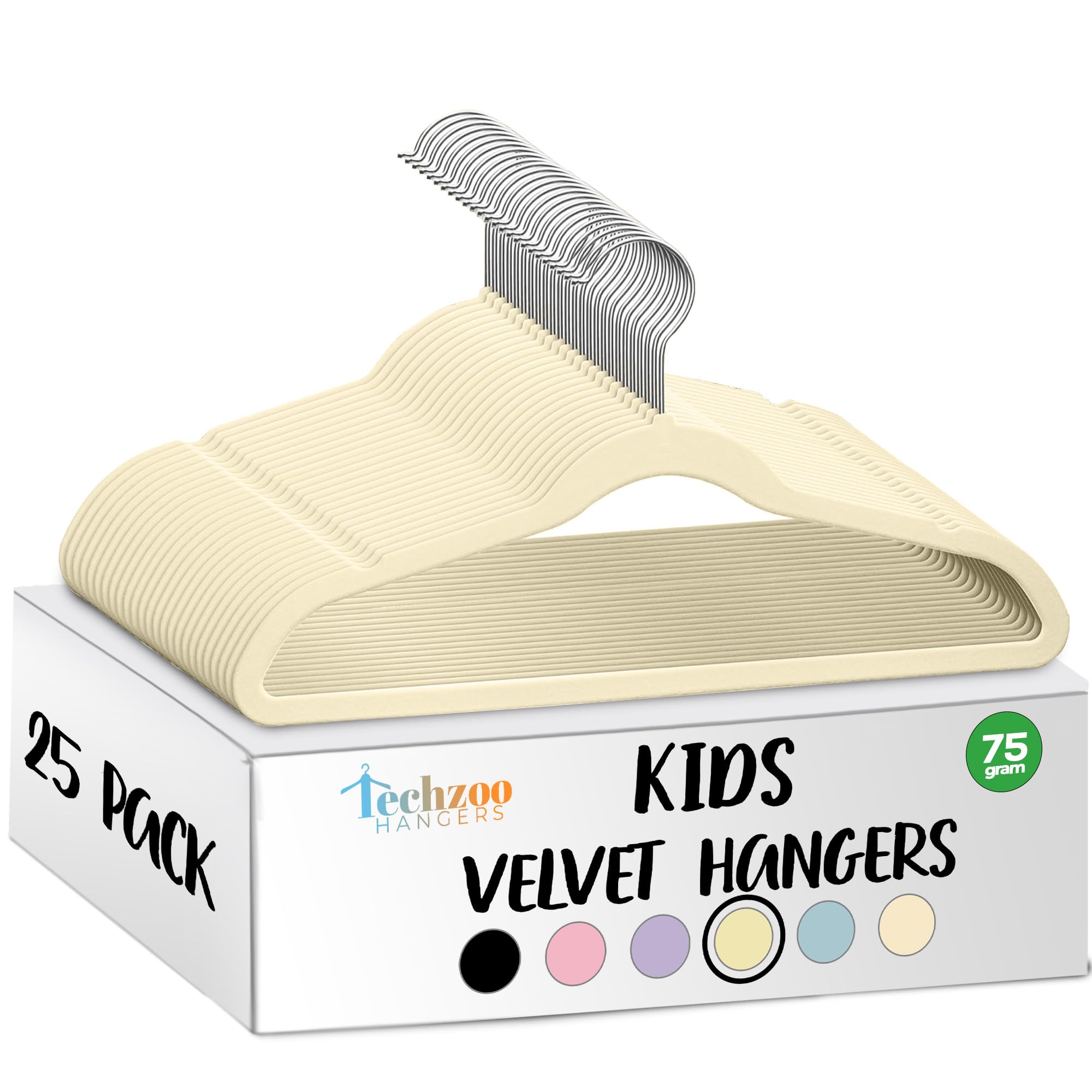 TechZoo 25 Premium Kids Velvet Hangers - 14" Non-Slip Clothes Hangers for Kids &amp; Preteens - Ultra Slim, Space-Saving, Strong &amp; Durable Hangers with 360° Swivel Hook - Beige