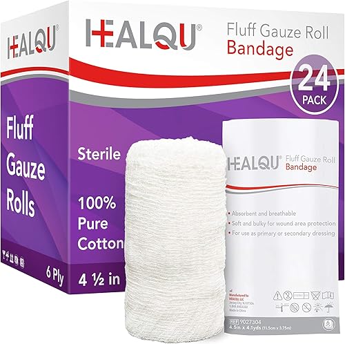 HEALQU Kerlix - Rollos de vendaje de gasa tipo  4  pulgadas x 4.1 yardas, 6 capas  24 bolsas individuales estériles  Absorción extra, sin látex,