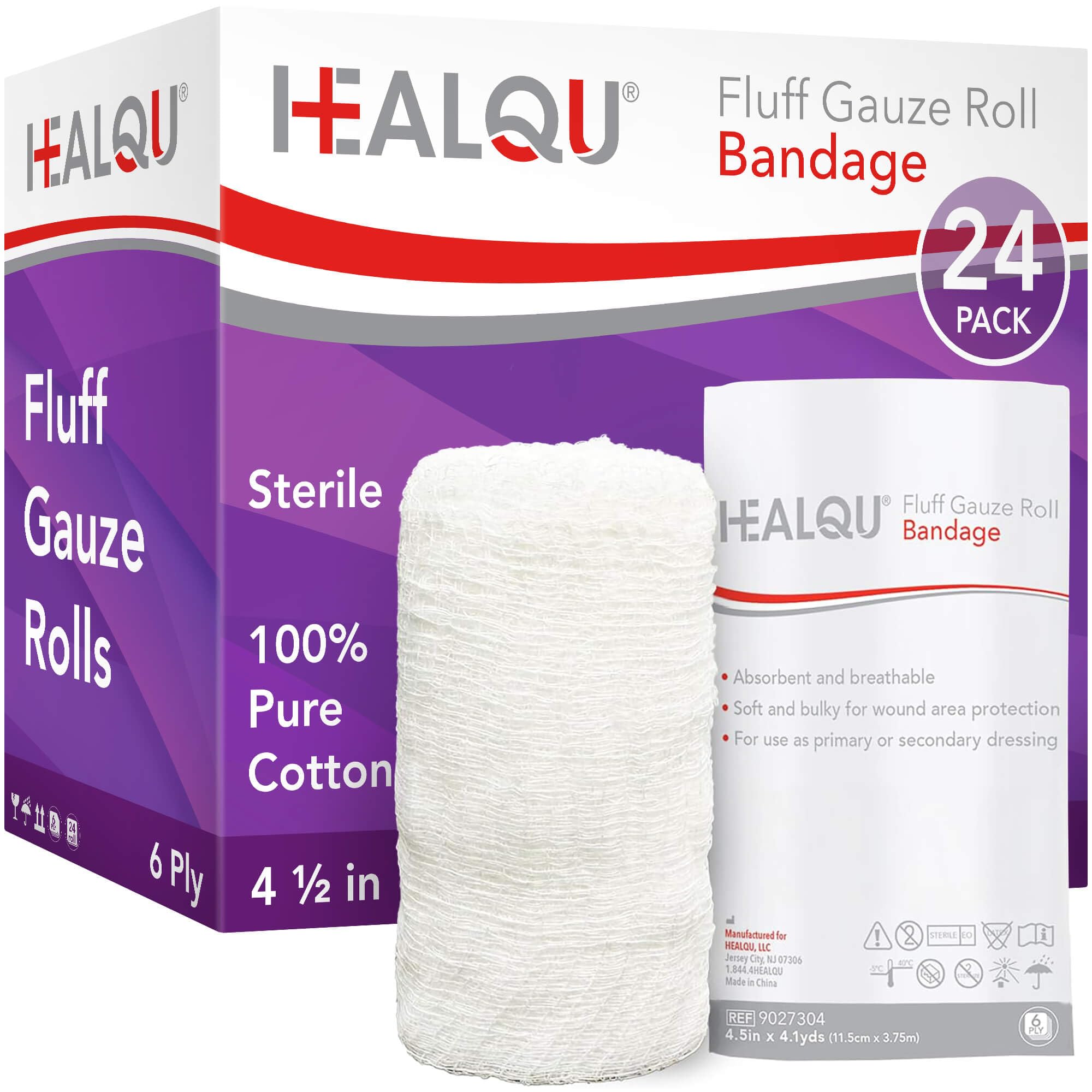 - HEALQU Kerlix Type Gauze Bandage Rolls - 4 ½ in x 4.1 Yds, 6 Ply - 24 Single Sterile Pocuhes - Extra Absorbency, Latex Free, Hospital Grade Cotton Krinkle Fluff Bandage Wrap - Wound Care & First Aid