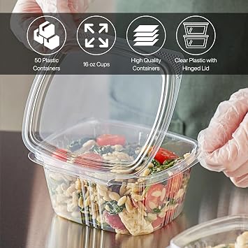 Hinged Lid Clamshell Container, 16 Ounces, Clear Plastic, Rectangular, Leak Resistant, 50 Count