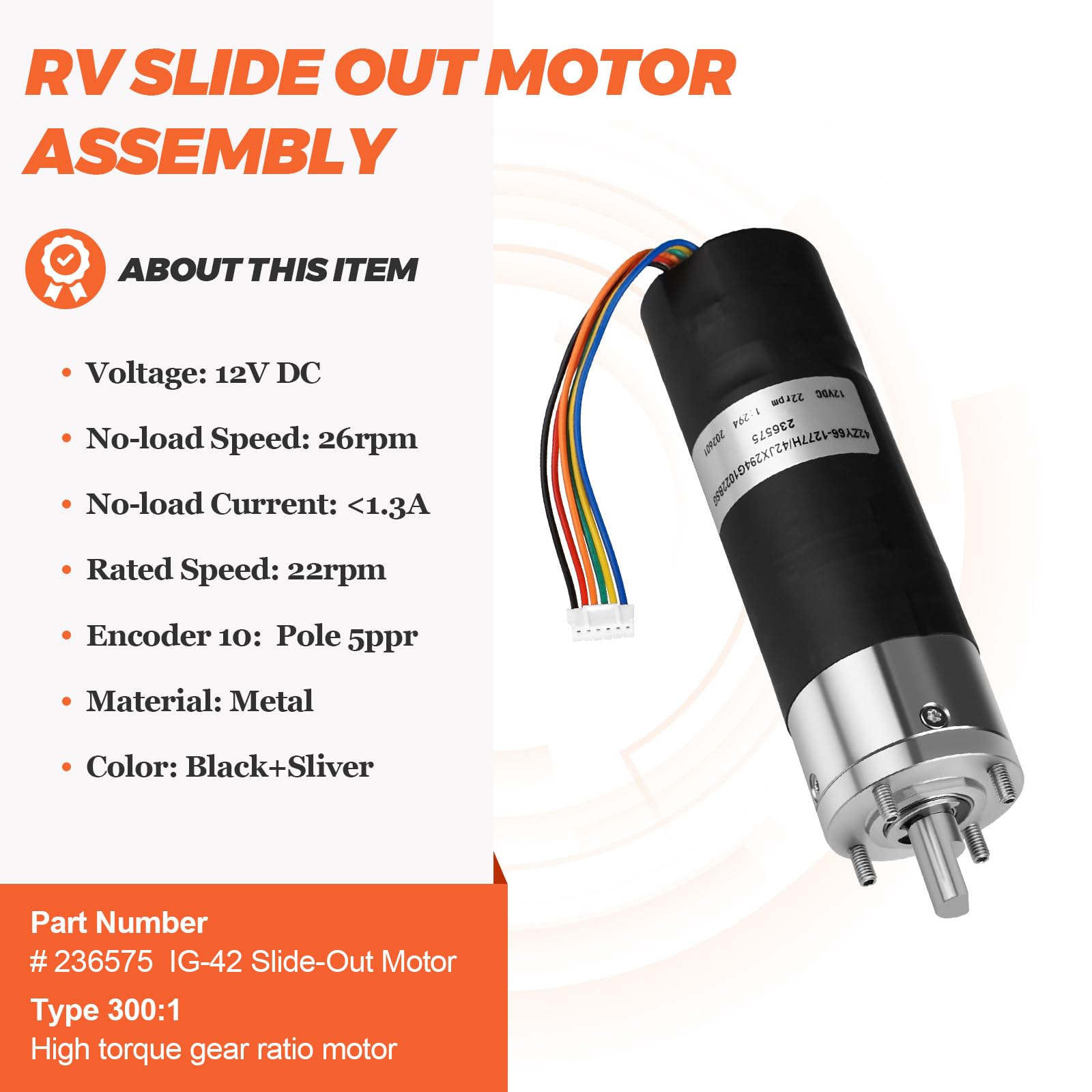 Beaquicy 236575 Moteur coulissant mural de rechange pour système coulissant mural Lippert Schwintek IG-42 10 mm pour remorque de voyage et camping-car Moteur coulissant à couple élevé 300:1, 12 V CC