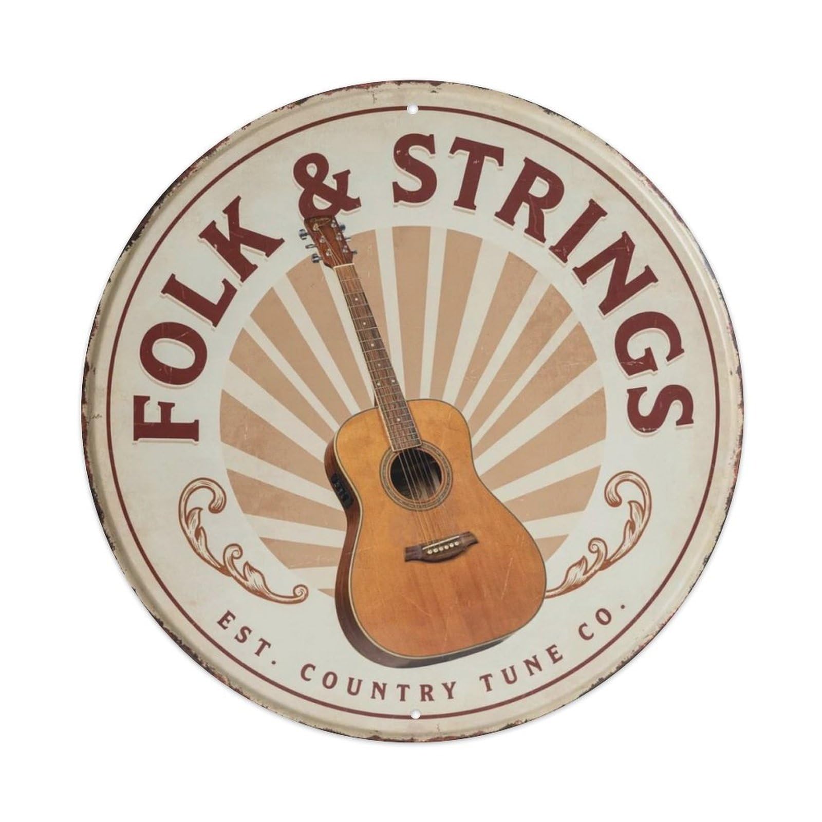 Vintage Acoustic Guitar Round Metal Tin Sign Plaque