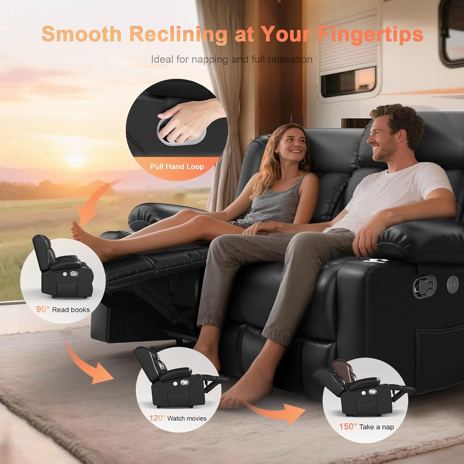 RV Loveseat Recliner Sofa, Reclining Loveseat Home Theater Seating with USB Ports, Cup Holders, Insert Pockets, Wall Hugger RV Recliners for Movie Room, Recline Movie Seats Gaming Sofa, Black