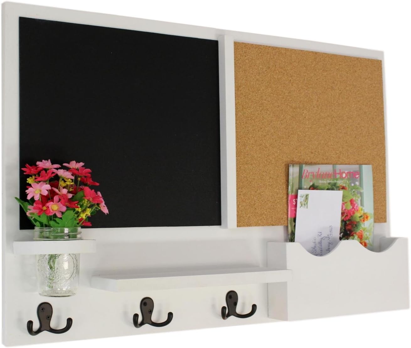 Chalkboard and Cork Board Mail Organizer - Mail and Coat Rack - Letter Holder - Jar Vase (Smooth, White)