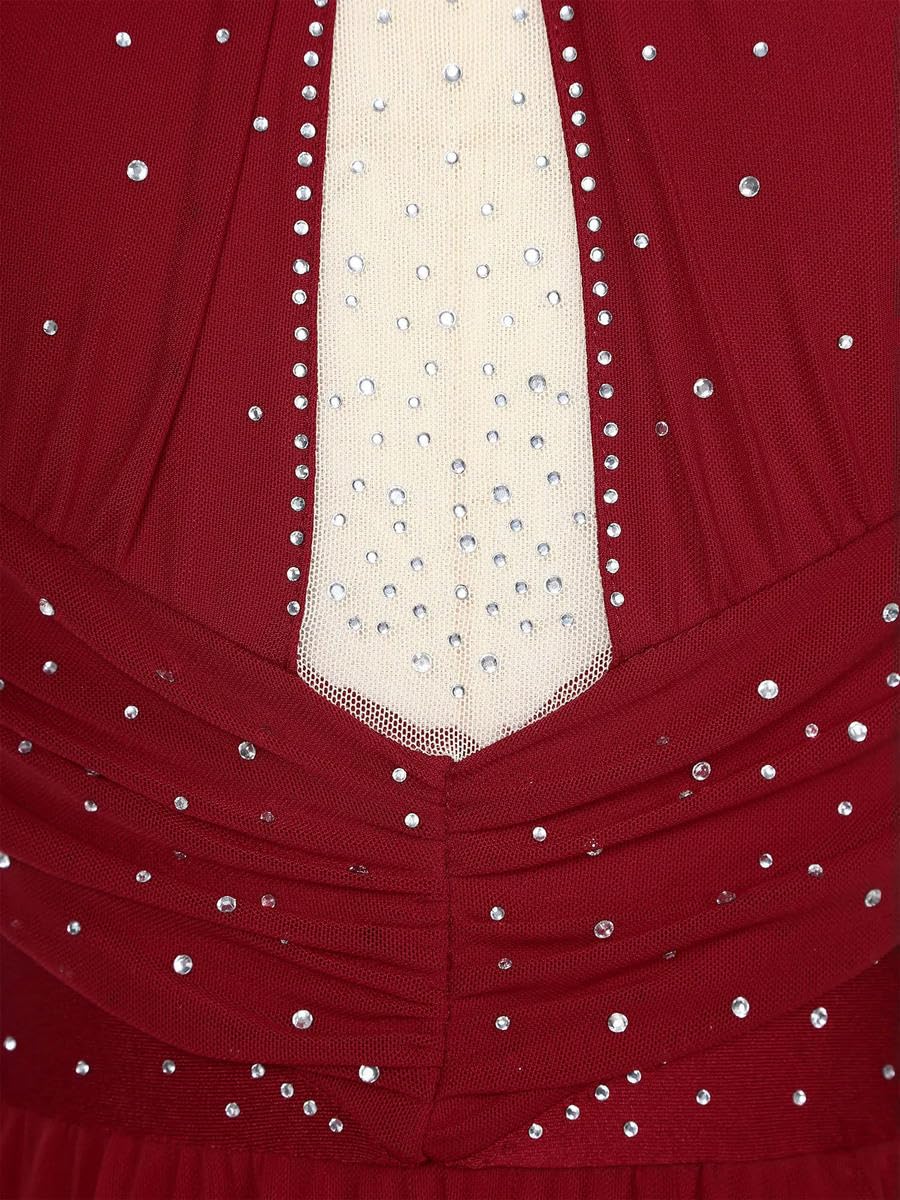 Vestido de gimnasia artística para mujer, con letras líricas, de malla, fruncido, ajustado, para patinaje artístico, ballet, baile