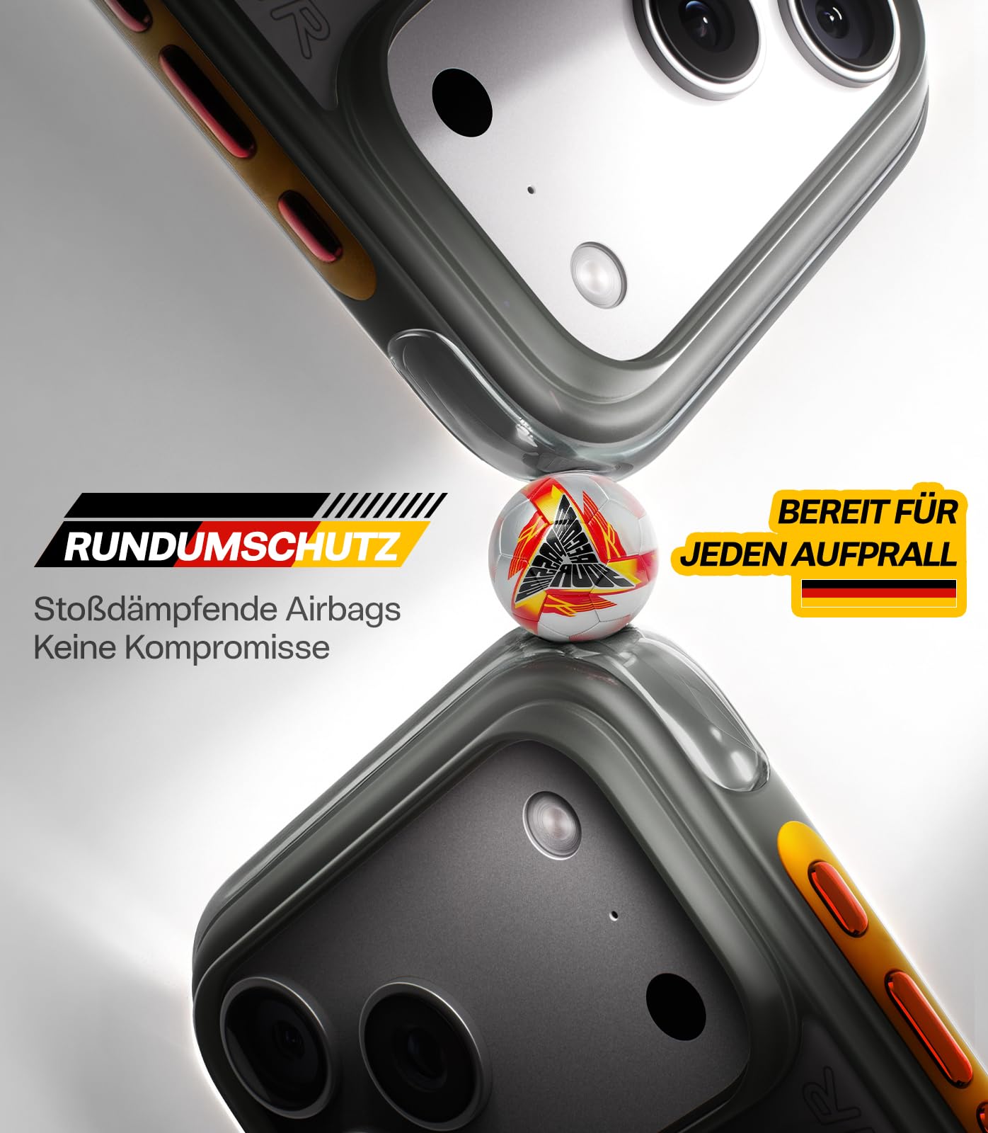 TORRAS Q3 Air 2026 Fußball Limitierte Auflage für iPhone 17 Pro Max hülle mit echtem Airbags Doppelter Schutz & 360° Magnetischer Robust Ständer, Iron