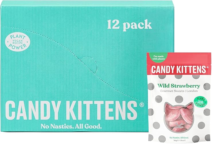 Candy Kittens Vegan Sweets – Wild Strawberry (54g, Pack of 12) – Fruity Vegan Snacks Made with Natural Ingredients, Ideal Party Treats and Pick and Mix Sweets for Everyone - Wild Strawberry - 54 g (Pack of 12)