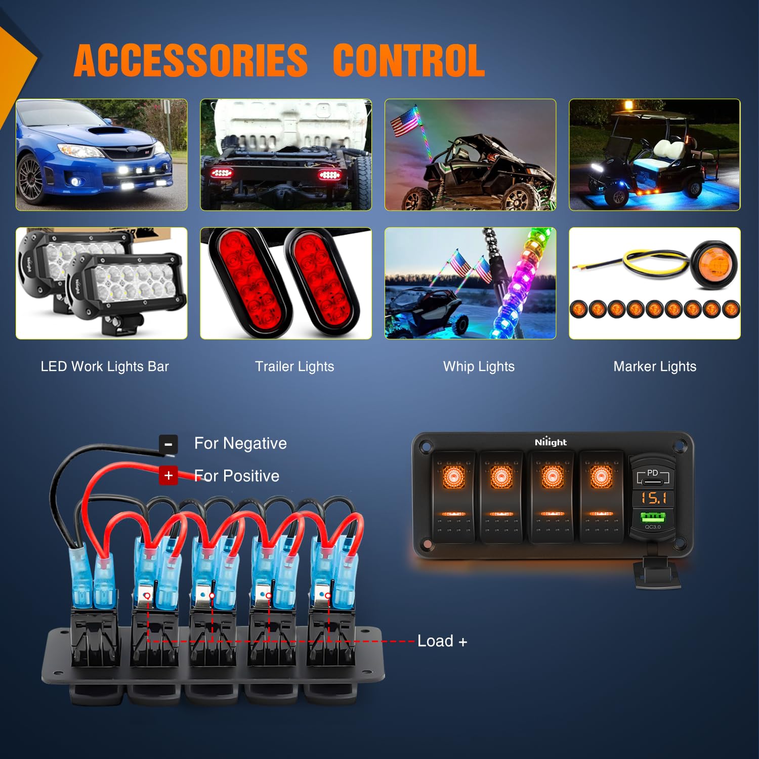 Nilight 4 Gang Rocker Switch Panel with PD Type C and USB Charger Voltmeter 12V SPST ON Off Toggle Switches with Orange Backlit Waterproof Aluminum for Boats Cars RVs Trucks
