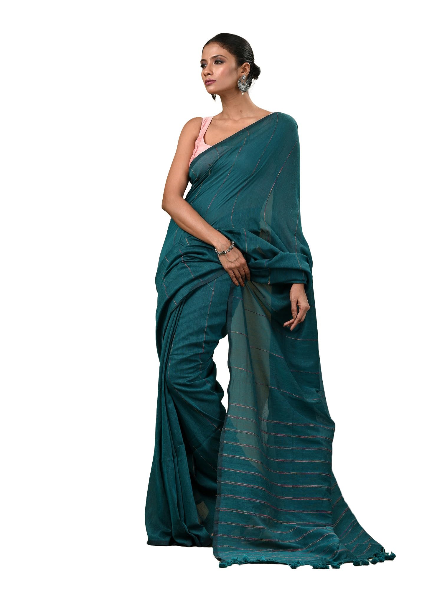 charukriti Teal Cotton Soft Saree With Stripe Pattern-picture-14