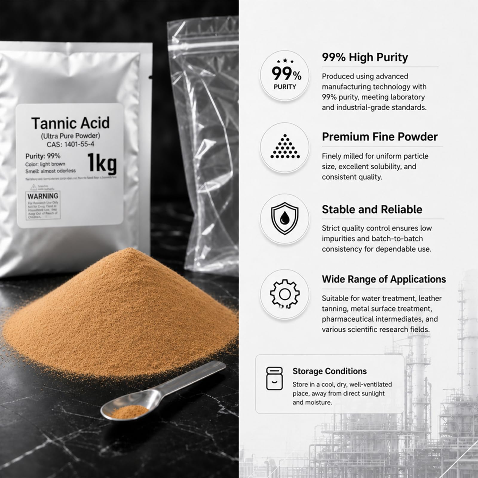 300 g de ácido tánico, ácido tánico en polvo 99%-1kg | Curtido de cuero |Reactivo industrial de grado laboratorio | Inhibidor de corrosión de metales|la prevención de la oxidación