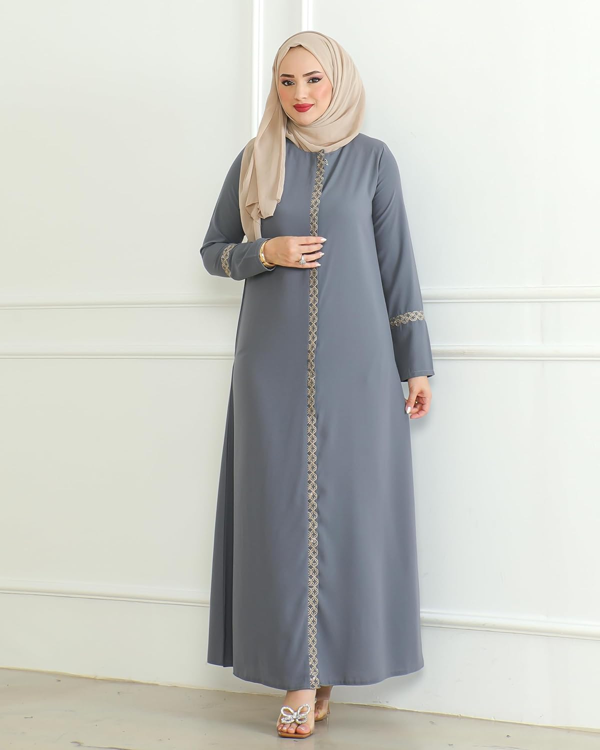 istanbul styles Embroidered Sleeves Abaya with Side Zipper Embroidery Long Sleeve Floor Length Turkish Abaya for Women - Image 2