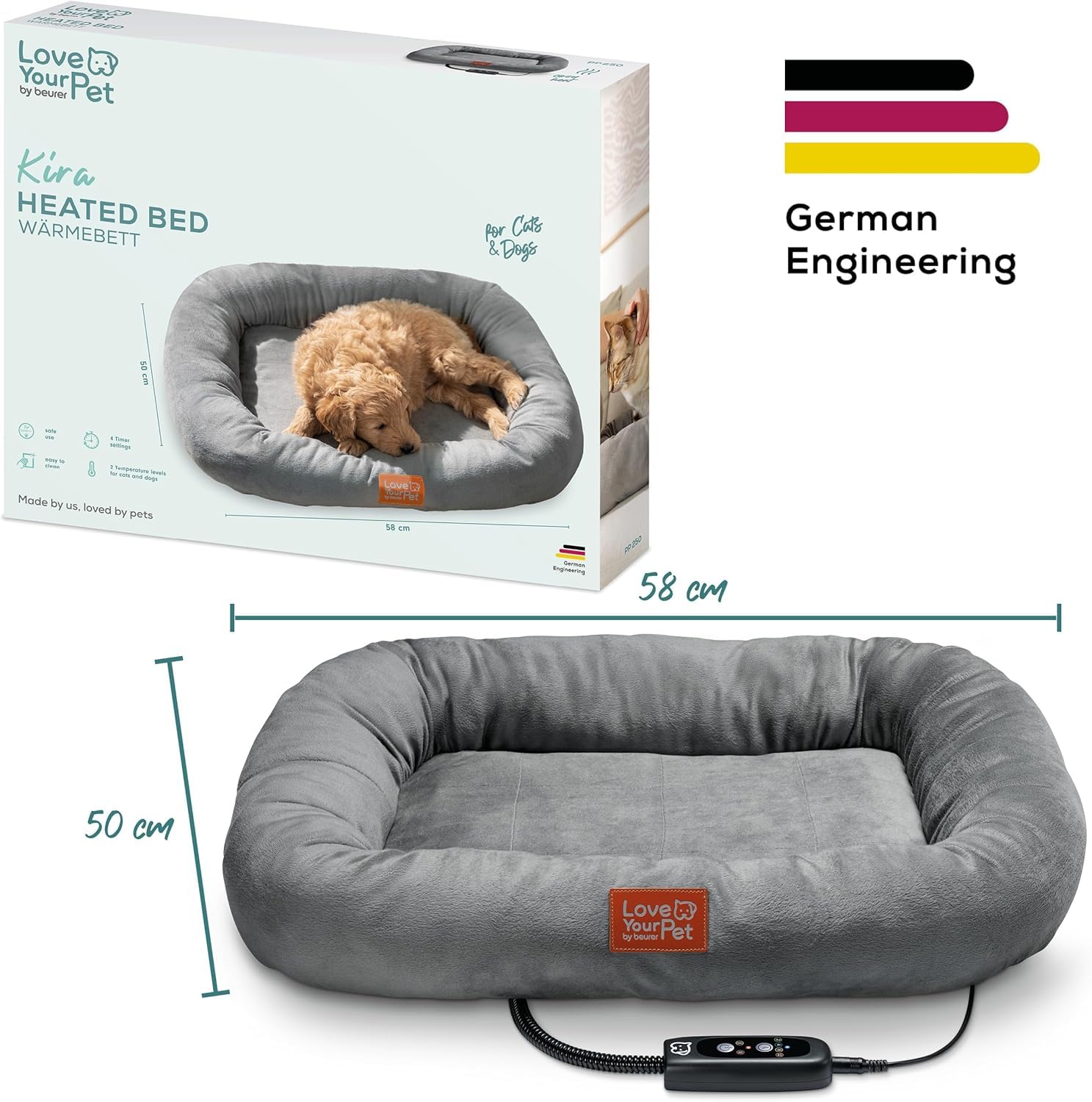 Beurer Love Your Pet Podgrzewane legowisko Kira dla psów i kotów, z timerem, przytulne legowisko dla kotów, możliwość prania w temperaturze 30°C, odporne na zadrapania i wodoodporne, 58 x 50 cm