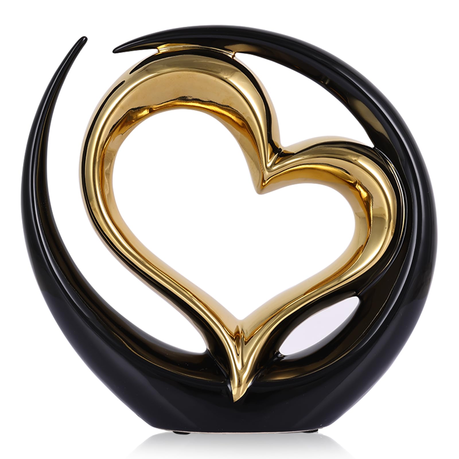 LCCCK Black and Gold Home Decor Porcelain Heart Decor - for Living Room Entryway Coffee Dining Table Shelves, Wedding, Valentine's Gift for Couples & Lovers, Heart Sculpture Art