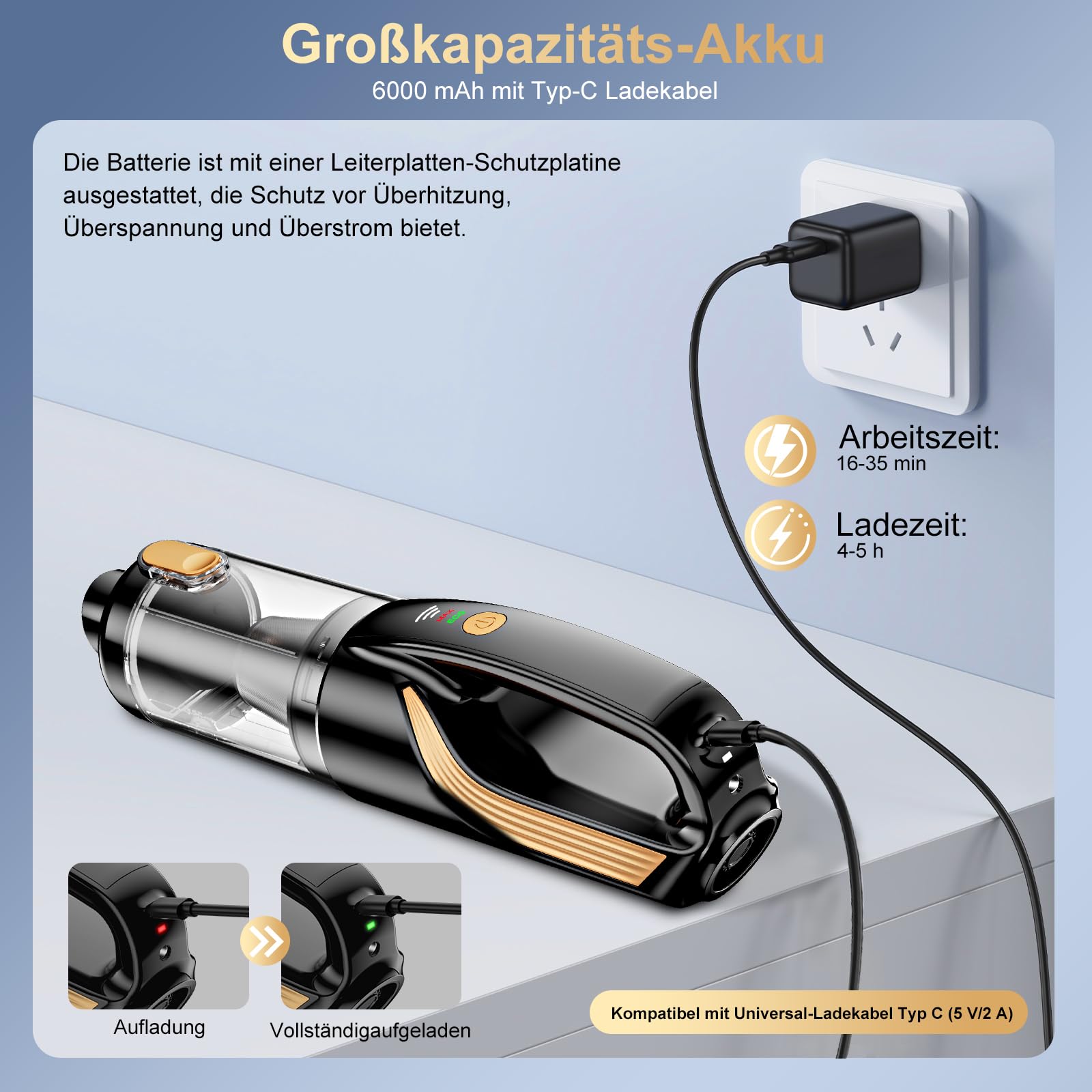 RABIGALA Handstaubsauger Akku 4-in-1, 27000PA Auto Staubsauger Stark, Autostaubsauger Kabellos mit 12V Kfz-Zigarettenanzünder-Anschlusskabel 5m, 2-Gang Handstaubsauger Auto für Auto, Haushalt