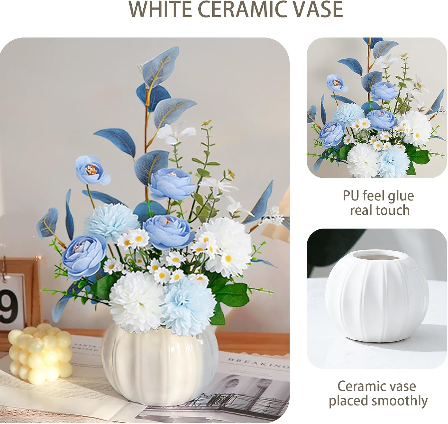 Artificial Flowers, Fake Flowers in Vase, Silk Flowers with Ceramic Vase, Faux Flowers Arrangement for Homes, Restaurants Decoration Dining Table Centerpiece Decor (White)
