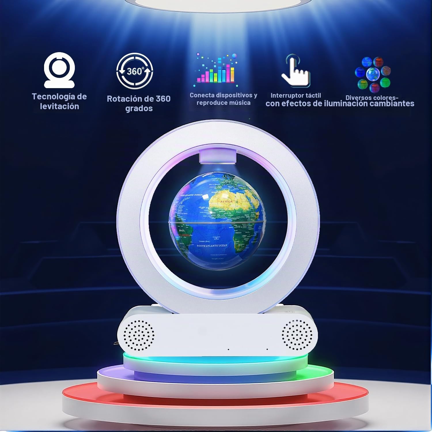 Globo Flotante Magnético con Luz LED, Base con Altavoz Bluetooth, Antigravedad, Decoración Mundial, 15 cm (Esfera luminosa con cambio de color)